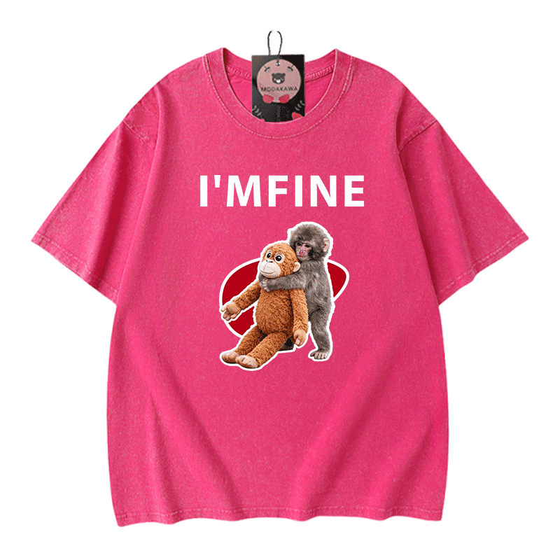 I'M FINE Monkey Graphic Modakawa Unisex Vintage Washed T-shirt - Rose Red - 5XL - image 3