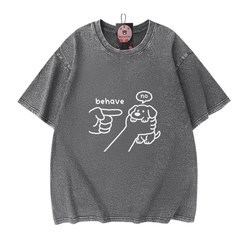 BEHAVE NO Puppy Graphic Modakawa Vintage Washed 100% Cotton T-shirt - Grey - 5XL - image 9