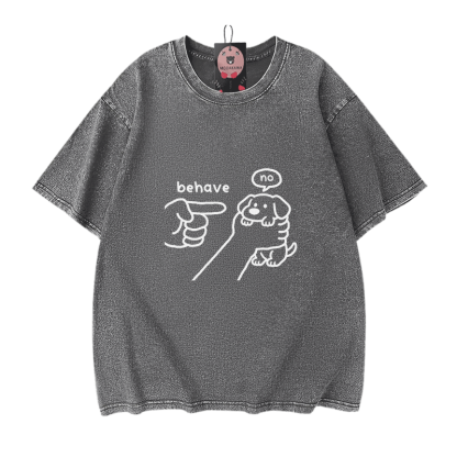 BEHAVE NO Puppy Graphic Modakawa Vintage Washed 100% Cotton T-shirt - Grey - 5XL - image 9