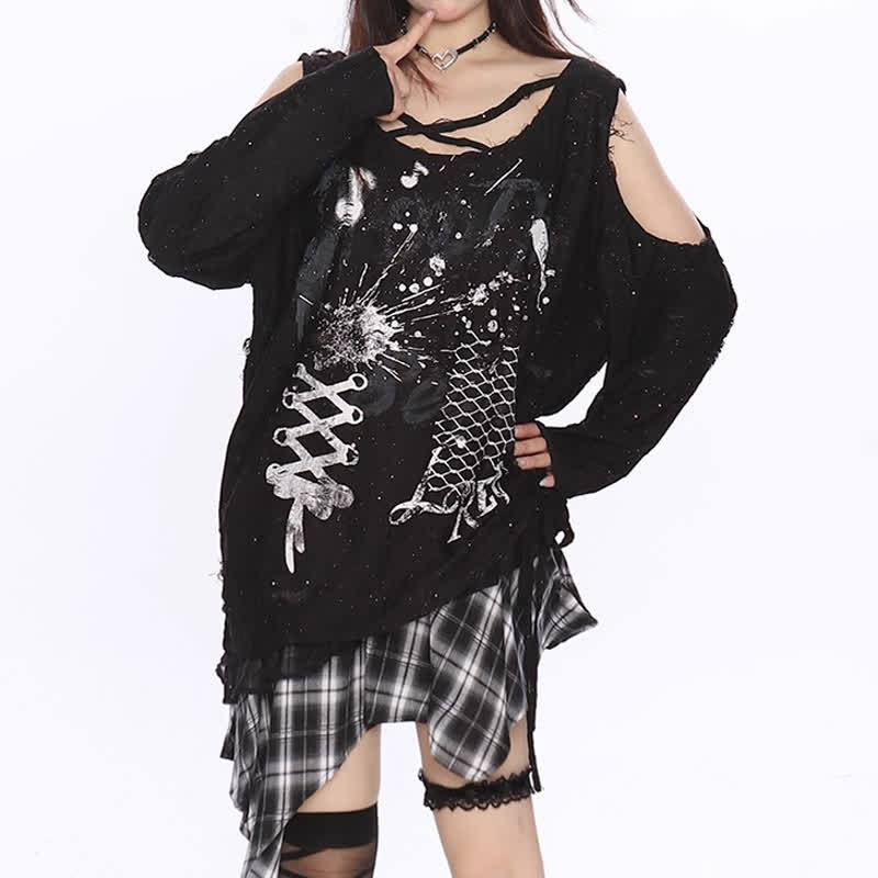 Y2K  Distressed Graffiti Cutout Off Shoulder Long Sleeve T-Shirt - image 7
