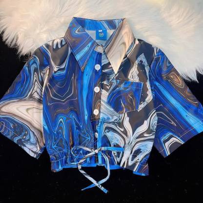 Tropical Print Cropped Button-Up Shirt - Multicolor J - L - image 12