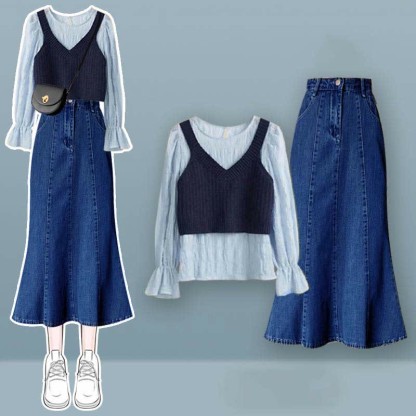 Pure Color Vest Shirt High Waist Fishtail Denim Skirt Matching Outfit - Blue Shirt+Vest +Blue Skirt - XL - image 3
