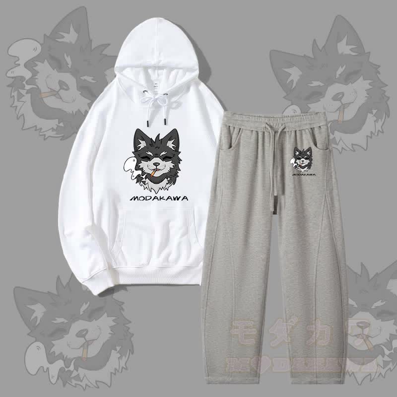 MODAKAWA Koda Smoking Puppy Graphic Hoodie Men Drawstring Pants Two Pieces Set - White&Heather Grey - 4XL - image 6