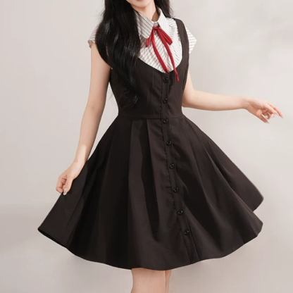 College Style Striped Short Sleeve Shirt Sleeveless Dress Two Pieces Set  - image 8