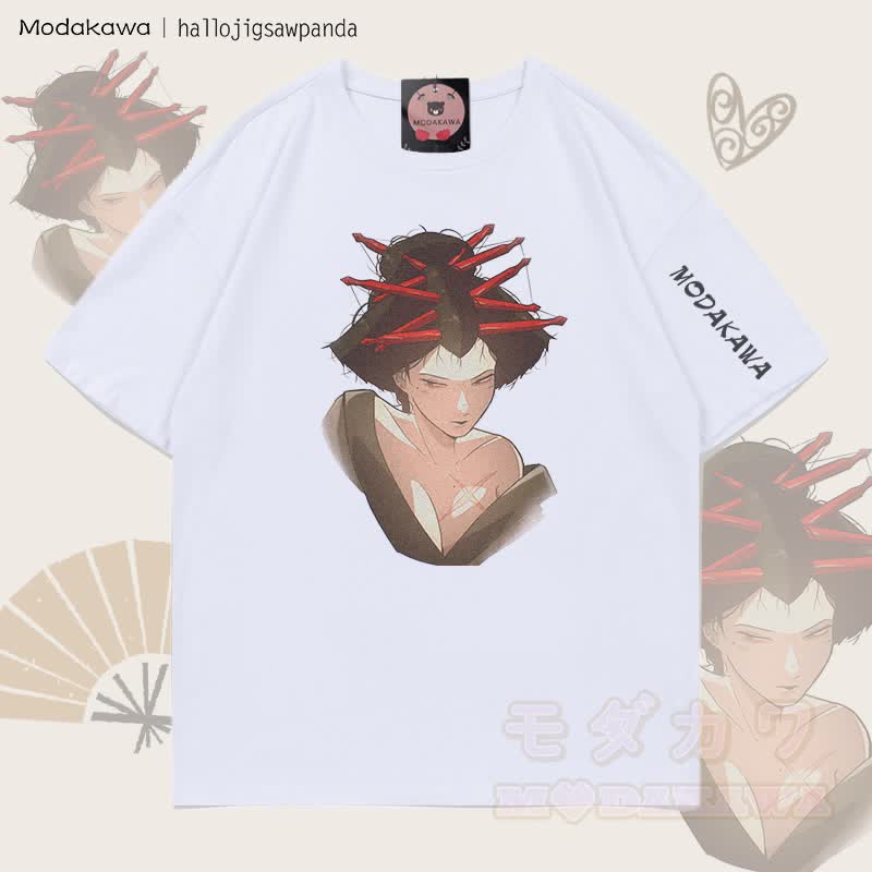 MODAKAWA X Hallo Red Hairpin Anime Girl Graphic T-shirt - White - 5XL - image 4