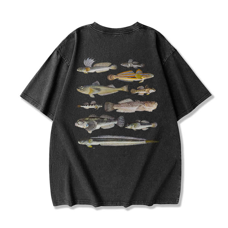 Modakawa Marine Fish Print Washed Loose Oversized Short Sleeve Tee - Black - 3XL - image 6