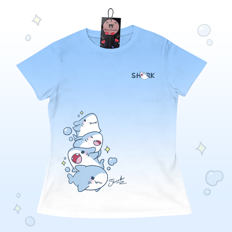 Gradient Shark Graphic T-shirt Letter Graphic Shorts Modakawa Matching Outfit - Blue & White T-shirt - 5XL - image 4