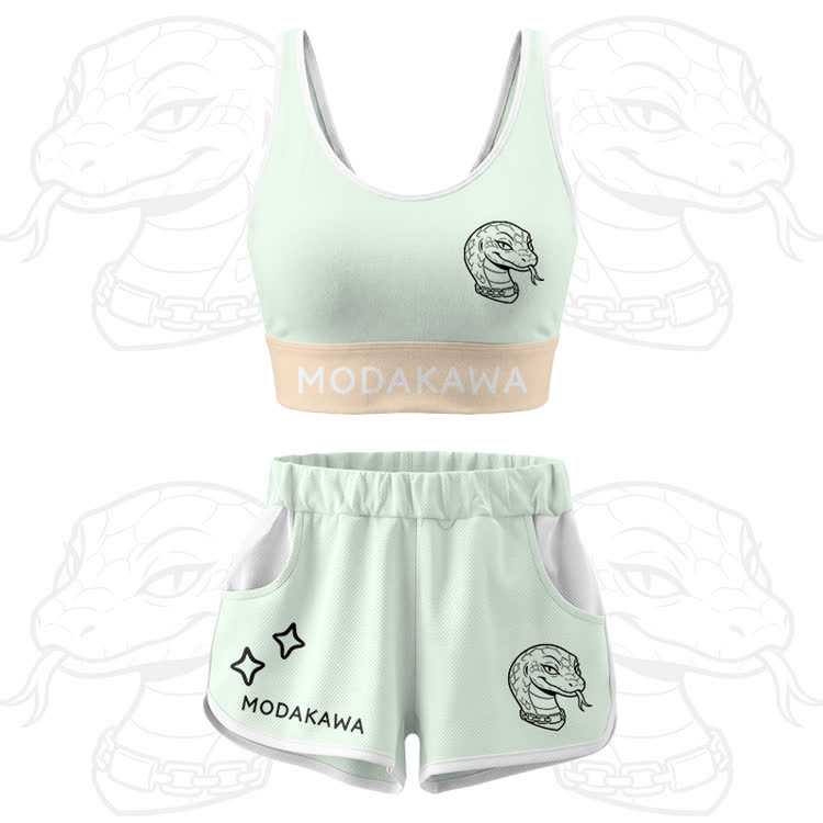 Snake Graphic Crop Tank Sport Top Shorts Modakawa Matching Outfit - Green Set - 5XL - image 13
