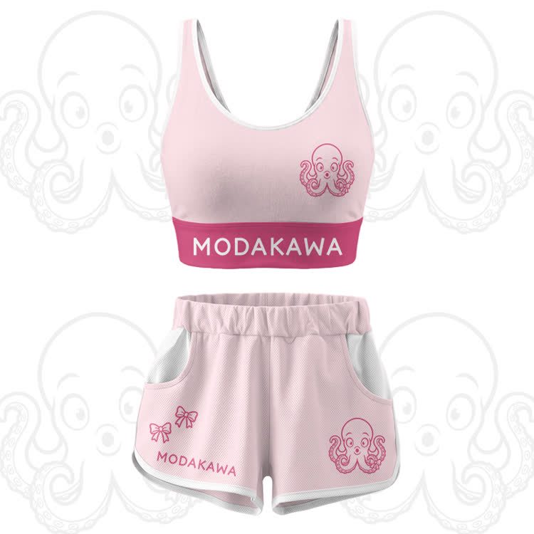 Octopus Graphic Crop Tank Sport Top Shorts Modakawa Matching Outfit - Pink Set - 5XL - image 16