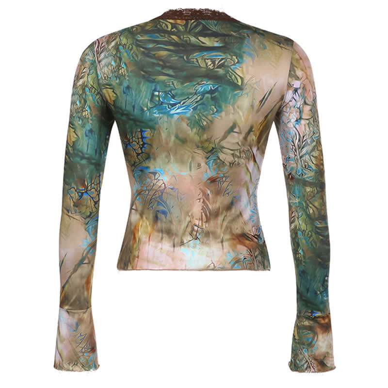 Vintage Floral Print Lace Up Square Collar Slim Top - image 6