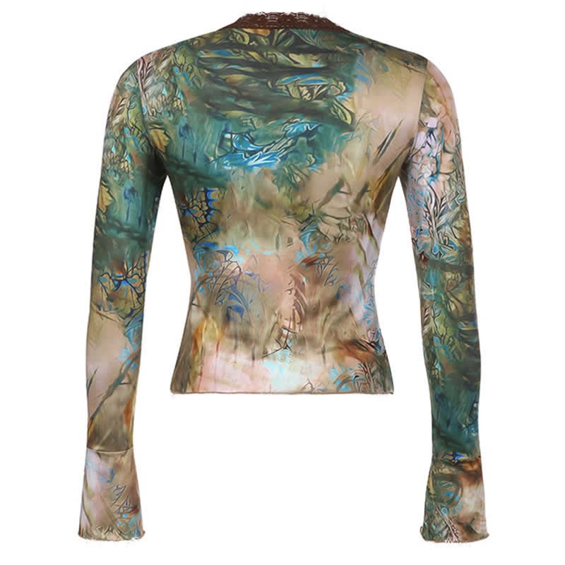 Vintage Floral Print Lace Up Square Collar Slim Top - image 6