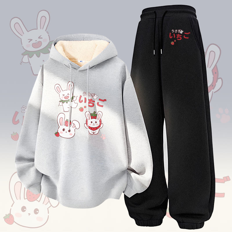 MODAKAWA Strawberry Bunny Graphic Thick Fleece Lined Hoodie Pants Two Pieces Set - Grey&Black - 5XL - image 2