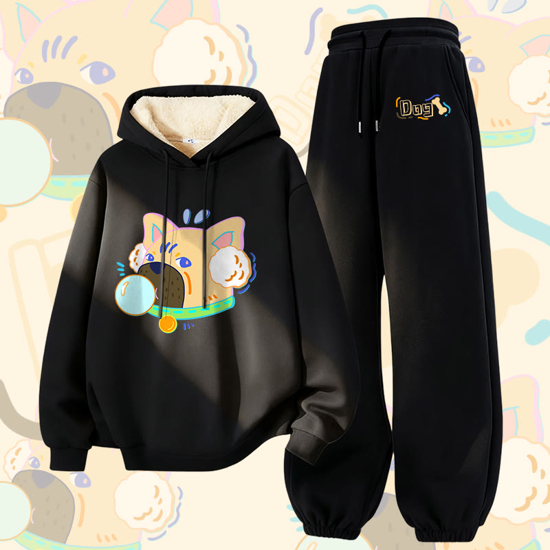 MODAKAWA Bubble Dog Graphic Thick Fleece Lined Hoodie Pants Two Pieces Set - Black - 5XL - image 3