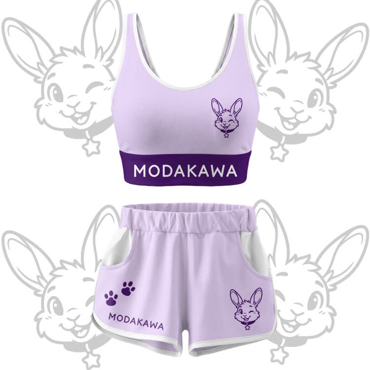 Wink Bunny Graphic Crop Tank Sport Top Shorts Bikini Modakawa Matching Outfit - Purple Set - 5XL - image 15