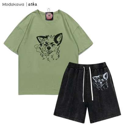 MODAKAWA X atka Fox Smoking Graphic T-shirt Vintage Washed Shorts Two Pieces Set - Green&Black - 3XL - image 9