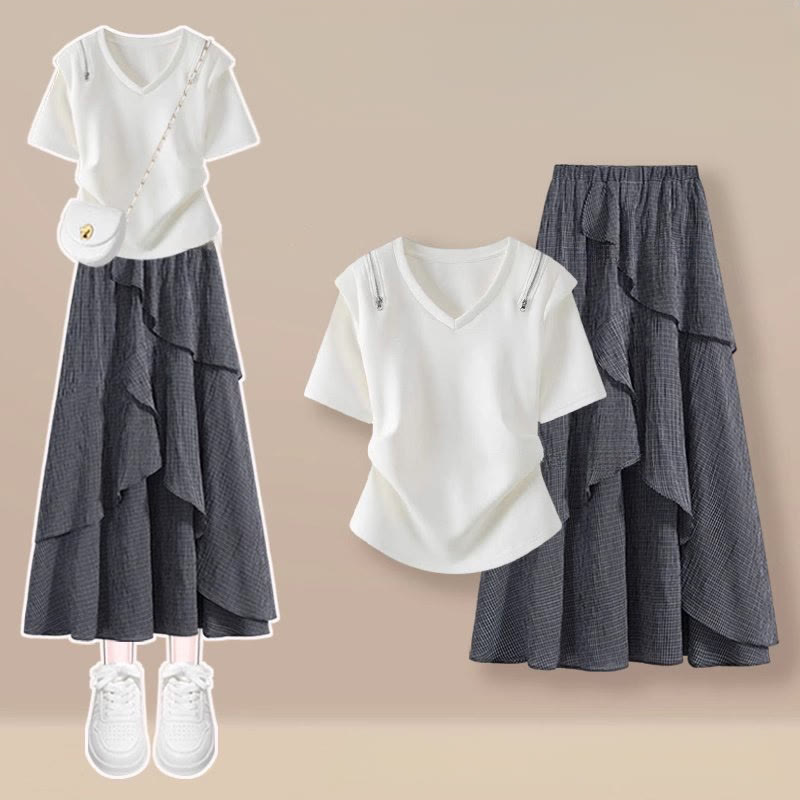 Irregular T-shirt Plaid Skirt Matching Outfit - Two Pieces Set E - 3XL - image 5