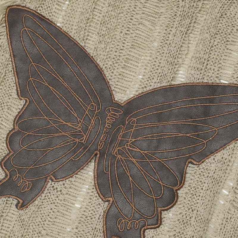 Distressed Hollow Butterfly Embroidery Long Sleeve Knit T-Shirts - image 5