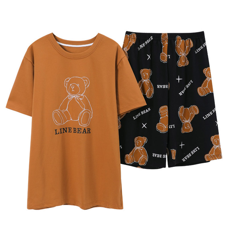 Girlfriend Boyfriend Cartoon Bear Letter Print Cotton Pajamas Set - Brown(Men) - 3XL - image 3