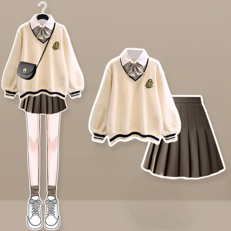 Fake Matching Outfit Bow Decor Sweater Pleated Skirt Plush Pants Matching Outfit - Set A - XL - image 1