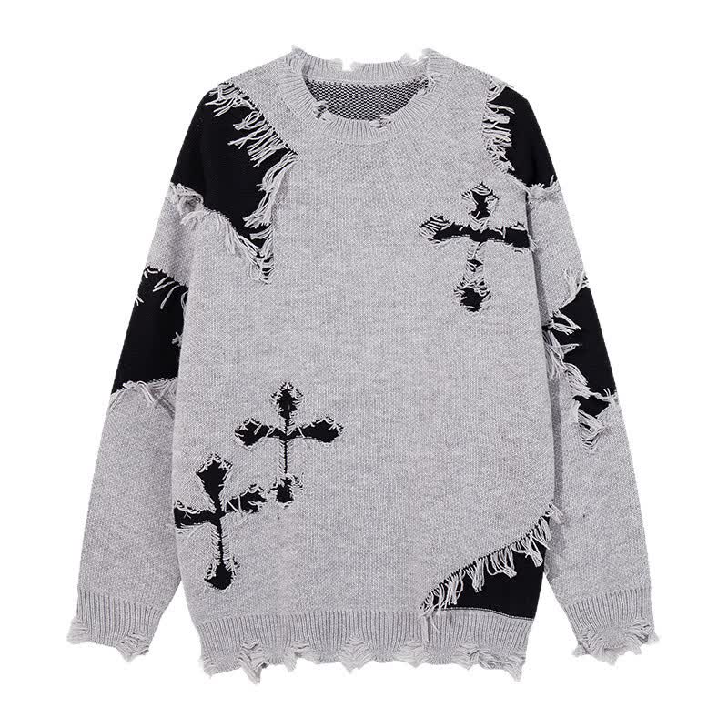 Dark Fashion Cross Print Fringed Distressed Color Block Knit Sweater - Grey - 3XL - image 8