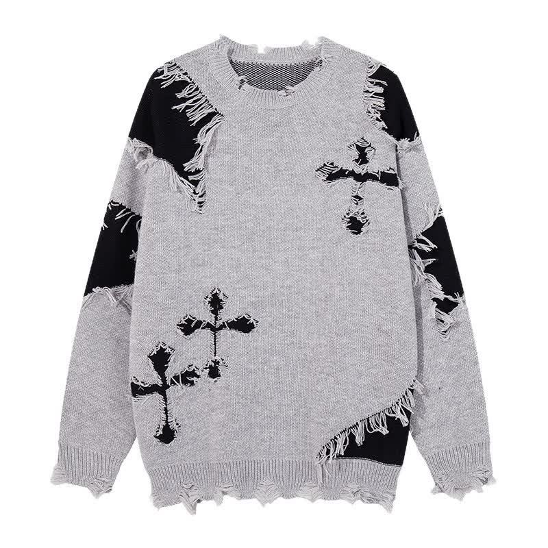 Dark Fashion Cross Print Fringed Distressed Color Block Knit Sweater - Grey - 3XL - image 8