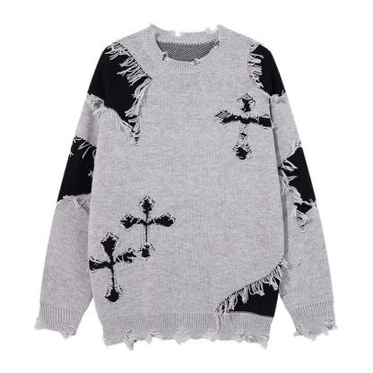 Dark Fashion Cross Print Fringed Distressed Color Block Knit Sweater - Grey - 3XL - image 8