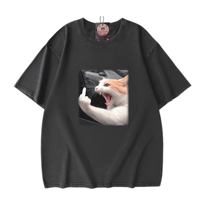 Angry Cat Graphic Modakawa Unisex Vintage Washed T-shirt - Black - 5XL - image 2