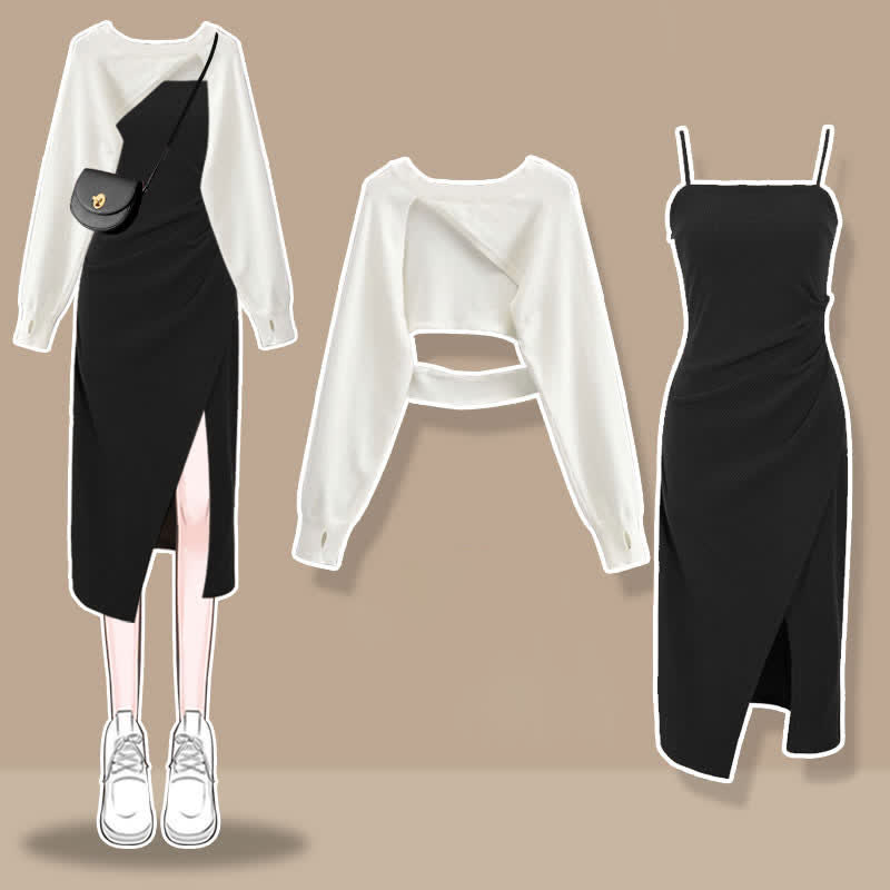 Irregular Hollow Out Sweater Ruffled Split Slip Dress Matching Outfit - Set B - XL - image 2