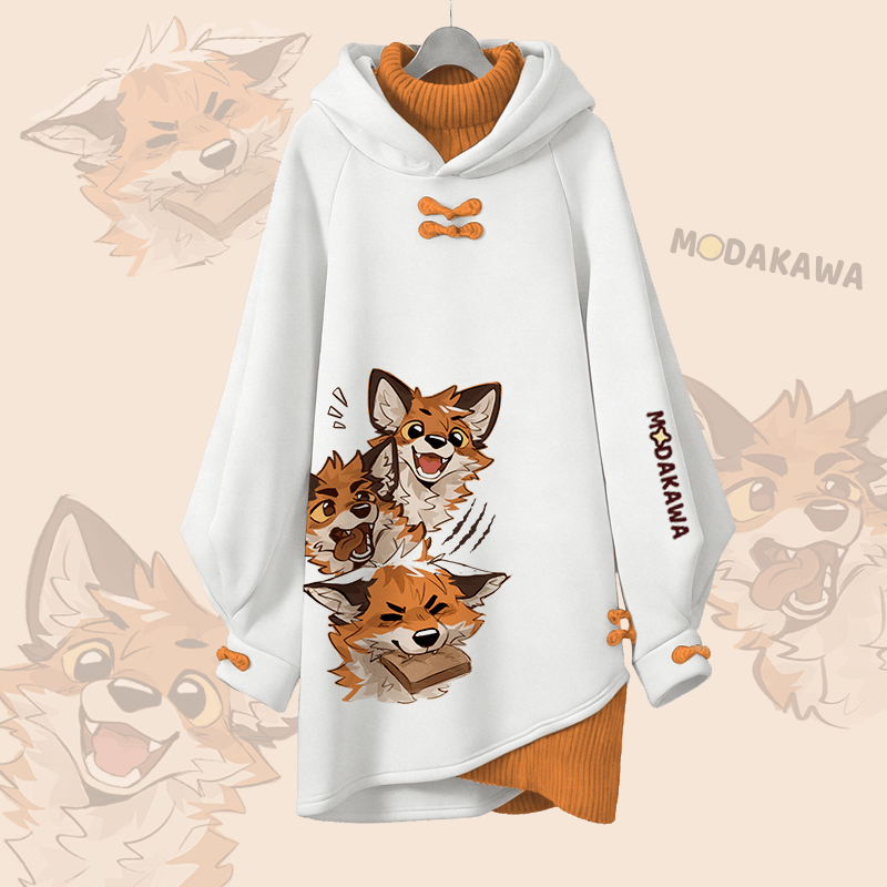 MODAKAWA X atka Funny Fox Graphic Modakawa Buckle Vintage Hooded Sweatshirt Dress - White A - 3XL - image 2