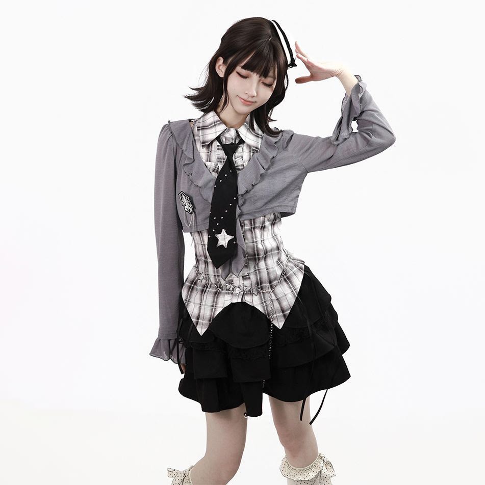 Y2K Knit Cover-Up with Plaid Shirt and Tiered Mini Skirt Three Pieces Set - Grey Top - XL - image 8