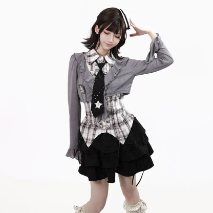 Y2K Knit Cover-Up with Plaid Shirt and Tiered Mini Skirt Three Pieces Set - Grey Top - XL - image 8