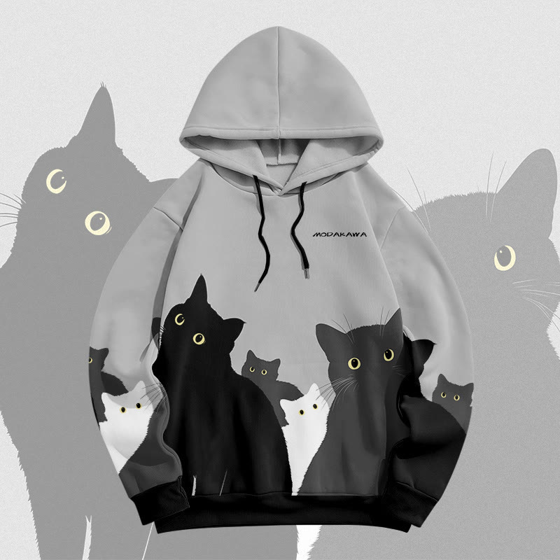 MODAKAWA Color Block Cat Crowd Graphic All Over Print Pullover Hoodie - Grey - 6XL - image 4
