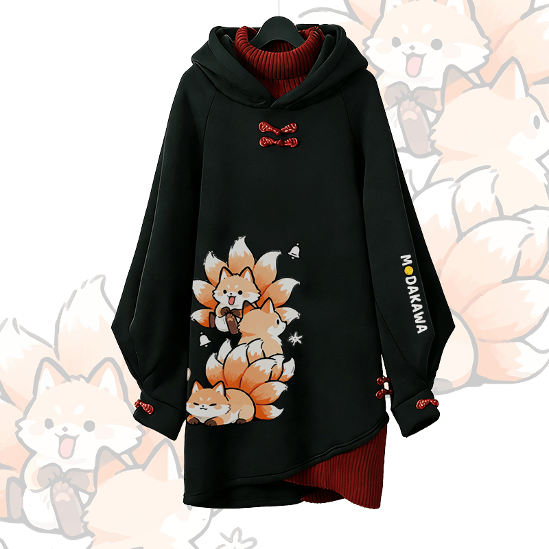 Nine-tailed Fox Graphic Modakawa Buckle Vintage Hooded Sweatshirt Dress - Black B - 3XL - image 2