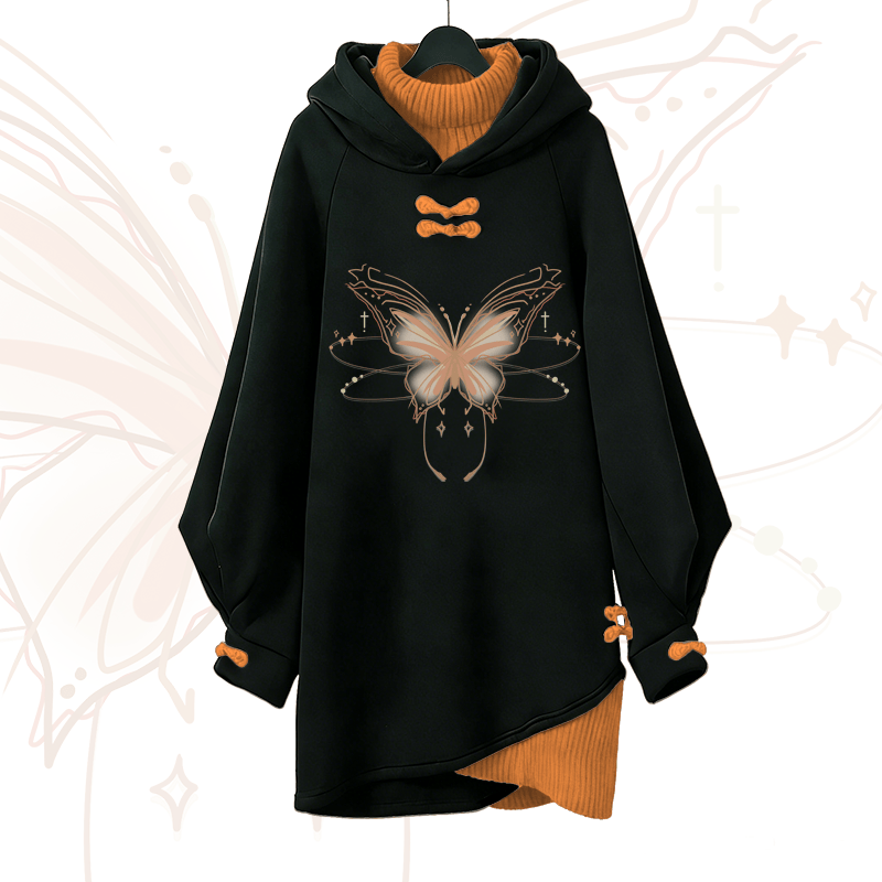 Glowing Butterfly Graphic Modakawa Buckle Vintage Hooded Sweatshirt Dress - Orange - 3XL - image 3