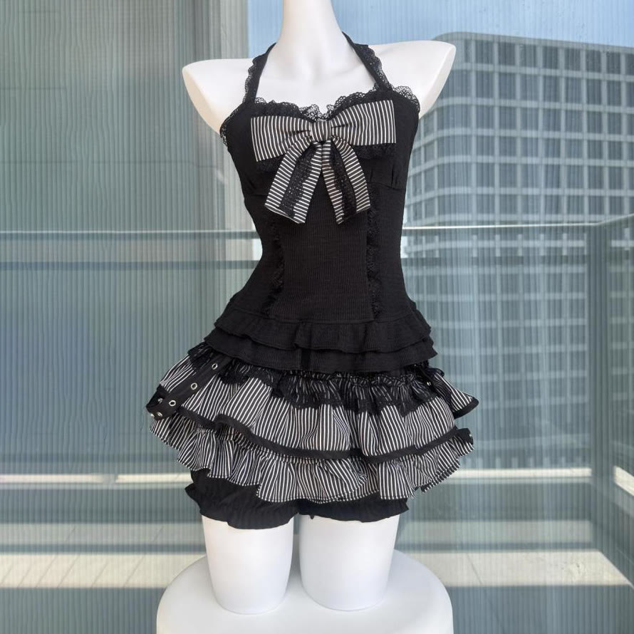 Black Lace Cami Top with Gray Cardigan and Mini Skirt Three Pieces Set - image 5