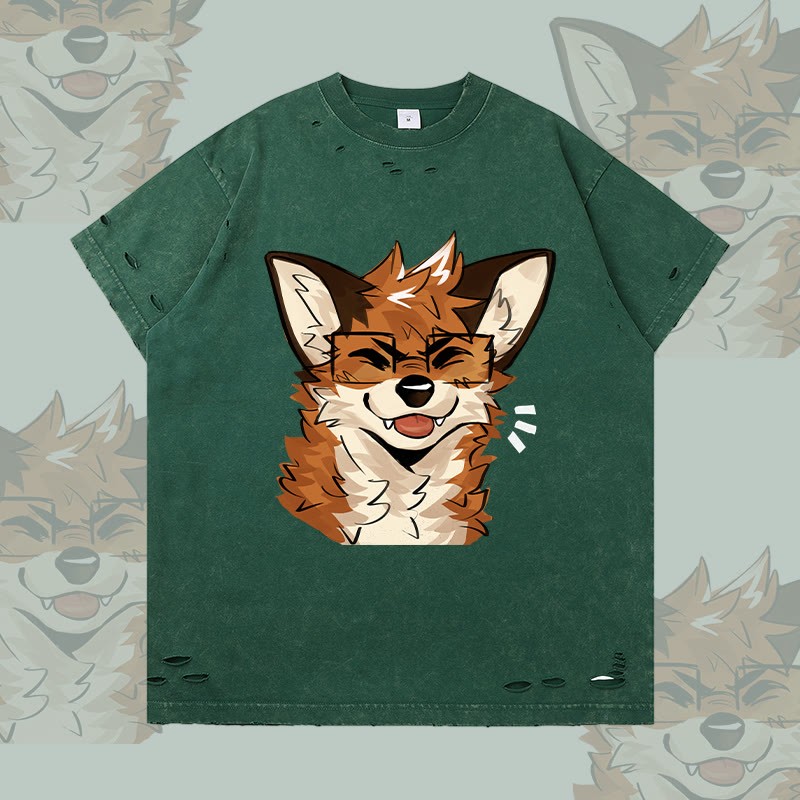 MODAKAWA X atka Fox Wearing Glasses Graphic Ripped T-shirt - Dark Green - 2XL - image 2