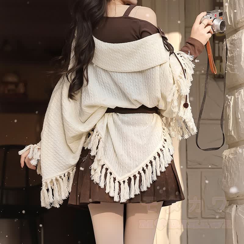 Vintage Fringe Cape Long Sleeve Top Belt Skirt Matching Outfit - image 5