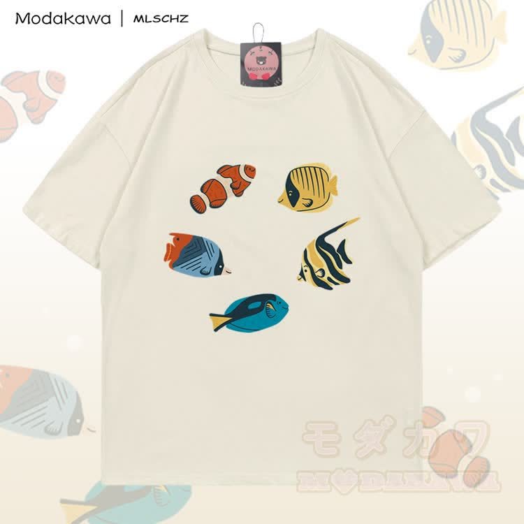 MODAKAWA X MLSCHZ Fish Graphic 100% Cotton T-shirt Gradient Shorts Matching Outfit - Light Beige T-shirt - 5XL - image 4