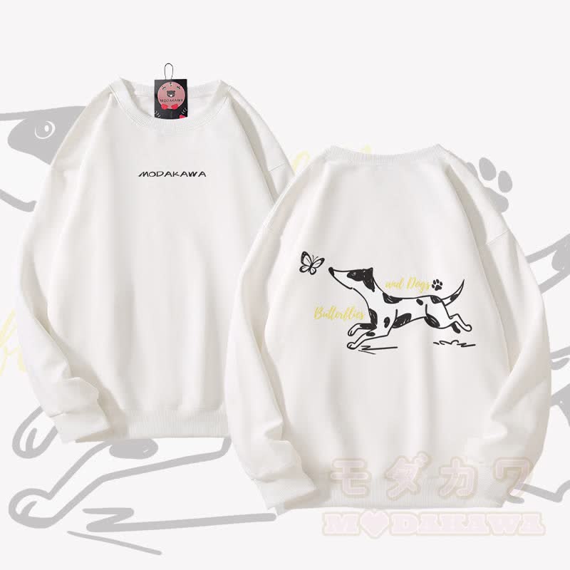 MODAKAWA Spotted Dog and Butterfly Graphic Unisex Sweatshirt - White - 5XL - image 4