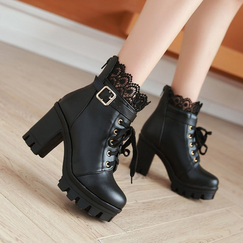 Lace Buckle Lace-Up High Heel Boots - image 2