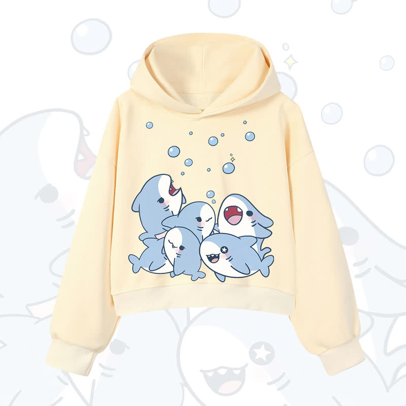 MODAKAWA Bubble Sharks Print Cropped Cotton Hoodie - Yellow - 3XL - image 8