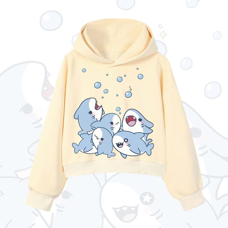 MODAKAWA Bubble Sharks Print Cropped Cotton Hoodie - Yellow - 3XL - image 8