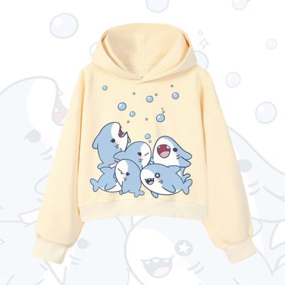 MODAKAWA Bubble Sharks Print Cropped Cotton Hoodie - Yellow - 3XL - image 8