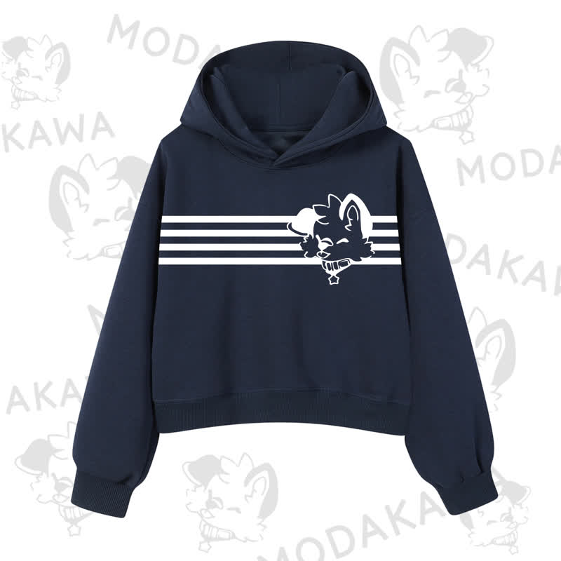 Modakawa Dog Graphic Stripe Cropped Cotton Hoodie - Navy Blue B - 3XL - image 11
