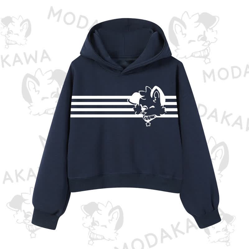 Modakawa Dog Graphic Stripe Cropped Cotton Hoodie - Navy Blue B - 3XL - image 11
