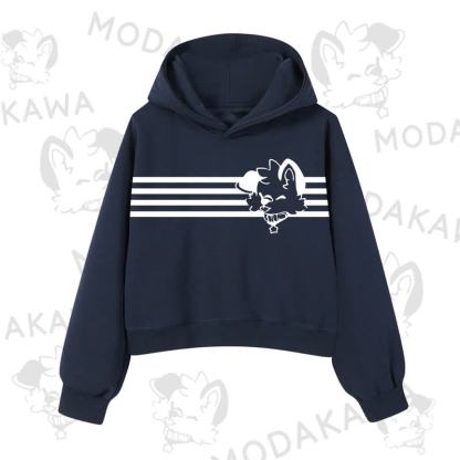 Modakawa Dog Graphic Stripe Cropped Cotton Hoodie - Navy Blue B - 3XL - image 11