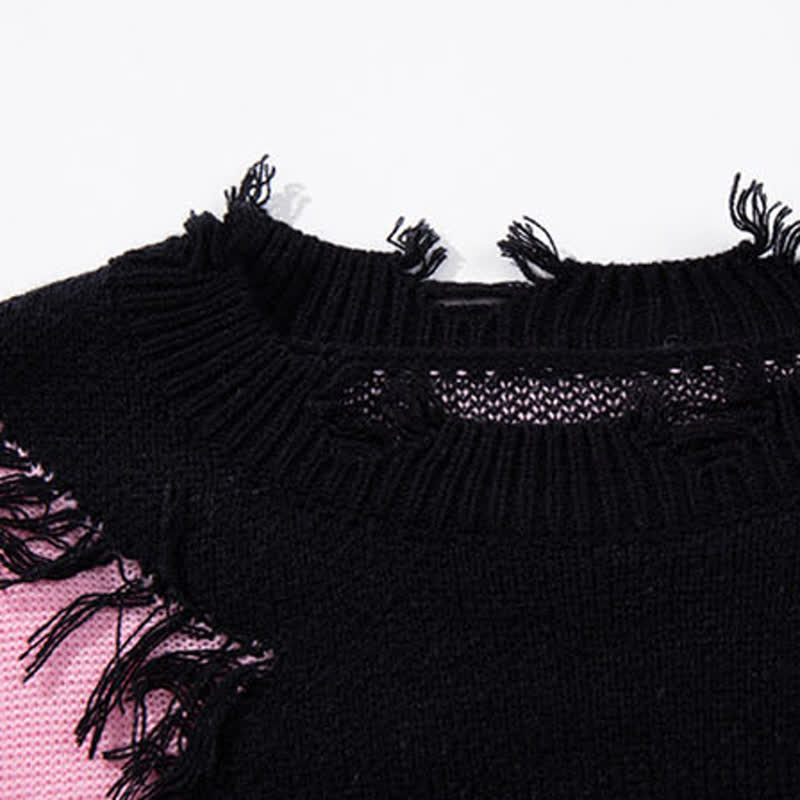 Dark Fashion Cross Print Fringed Distressed Color Block Knit Sweater - image 4