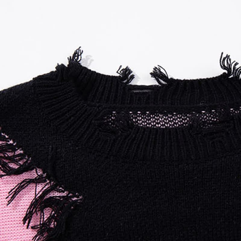 Dark Fashion Cross Print Fringed Distressed Color Block Knit Sweater - image 4