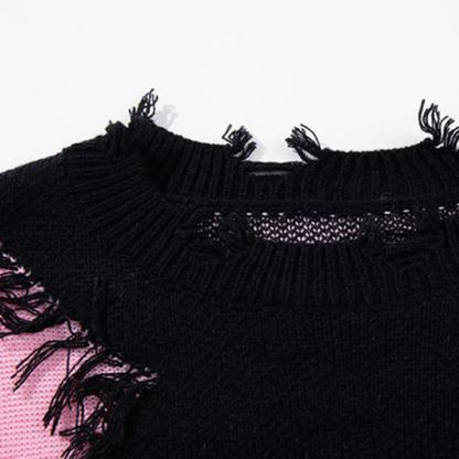 Dark Fashion Cross Print Fringed Distressed Color Block Knit Sweater - image 4