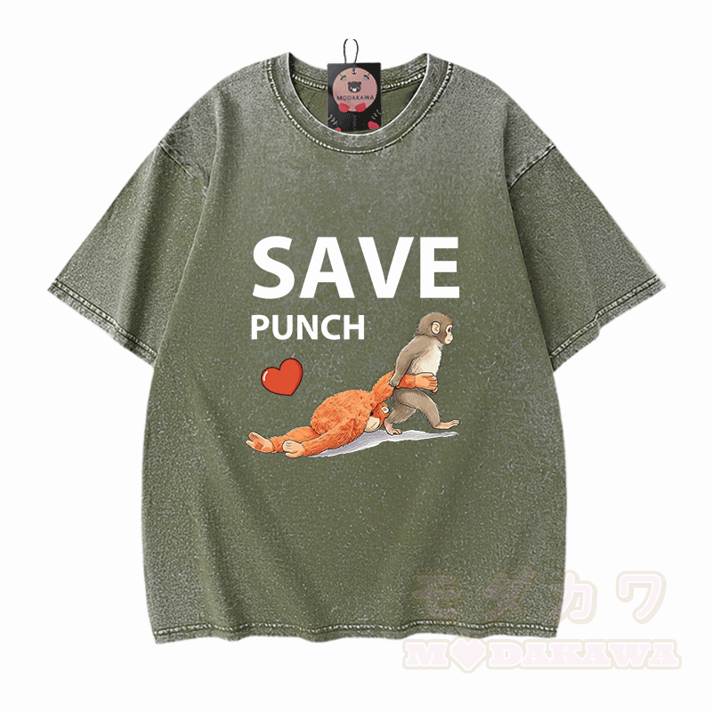 SAVE PUNCH Monkey Graphic Modakawa Unisex Vintage Washed T-shirt - Green - 5XL - image 6
